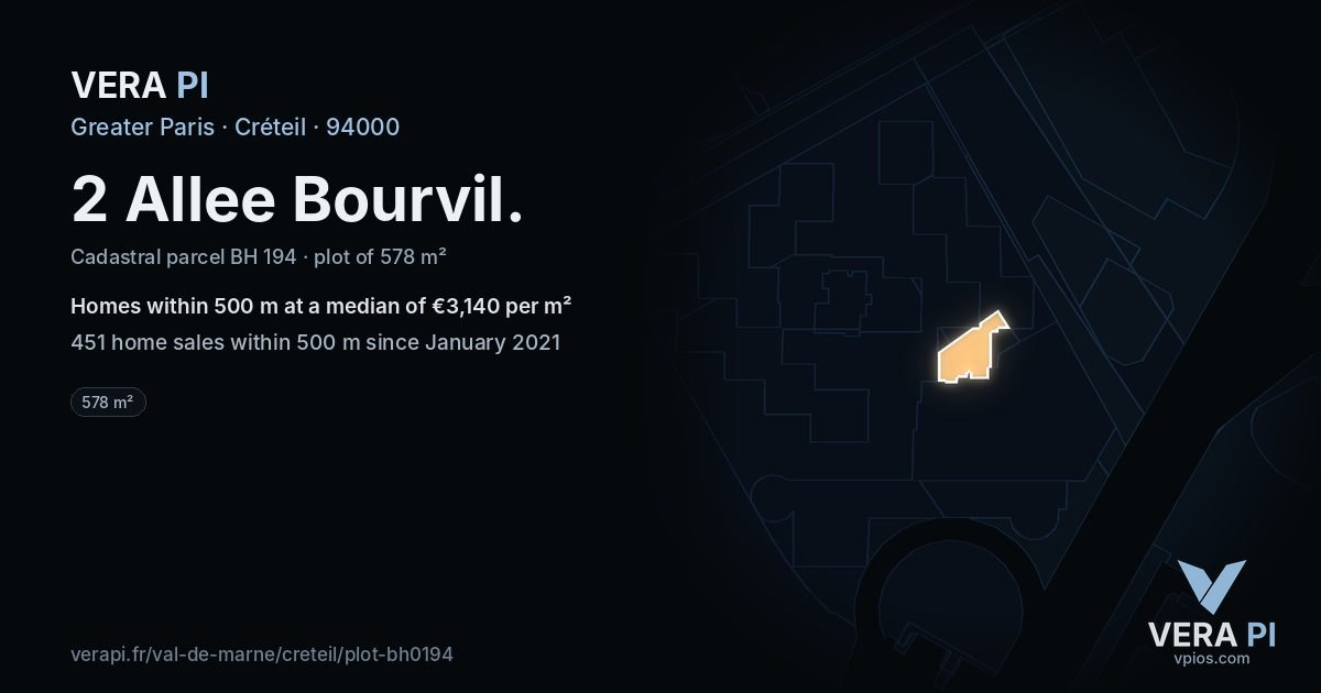 2 Allee Bourvil, Créteil at night – the plot lit, the parcels around coloured by the prices near them