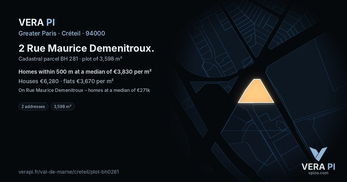 2 Rue Maurice Demenitroux, Créteil at night – the plot lit, the parcels around coloured by the prices near them