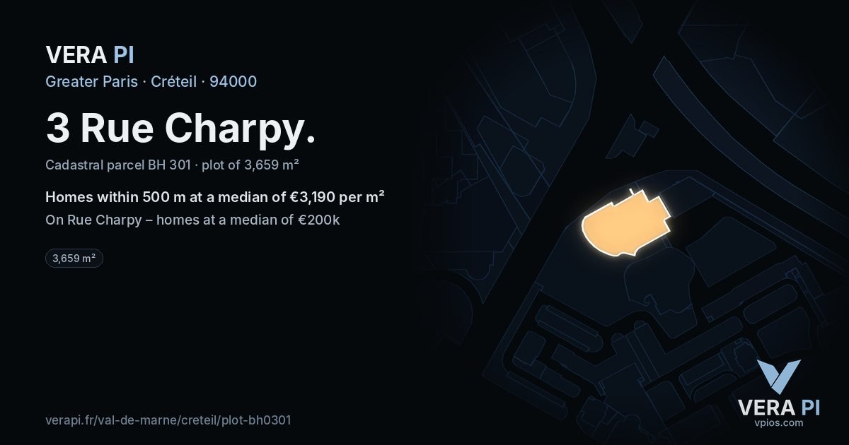 3 Rue Charpy, Créteil at night – the plot lit, the parcels around coloured by the prices near them