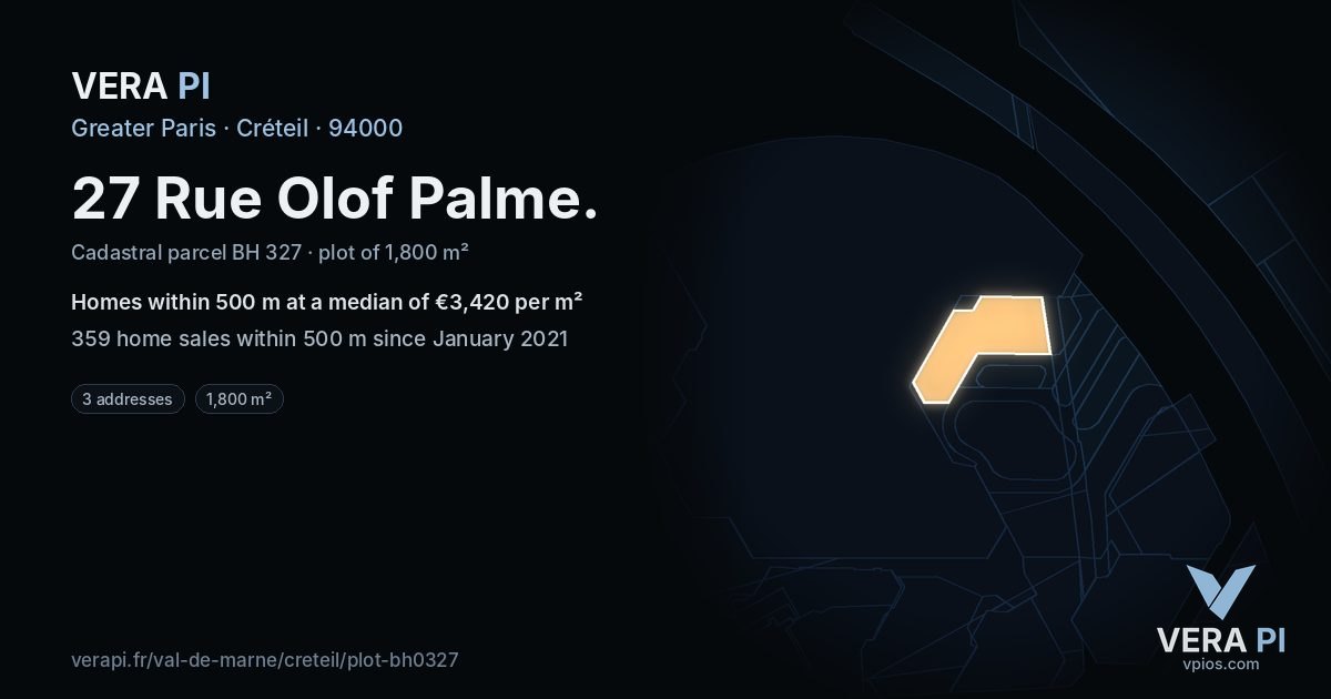 27 Rue Olof Palme, Créteil at night – the plot lit, the parcels around coloured by the prices near them