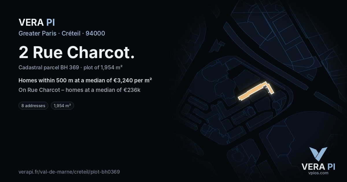 2 Rue Charcot, Créteil at night – the plot lit, the parcels around coloured by the prices near them