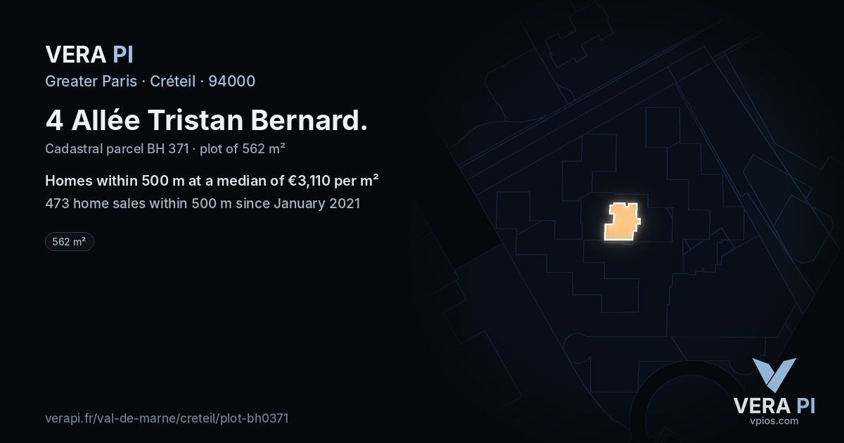 4 Allée Tristan Bernard, Créteil at night – the plot lit, the parcels around coloured by the prices near them