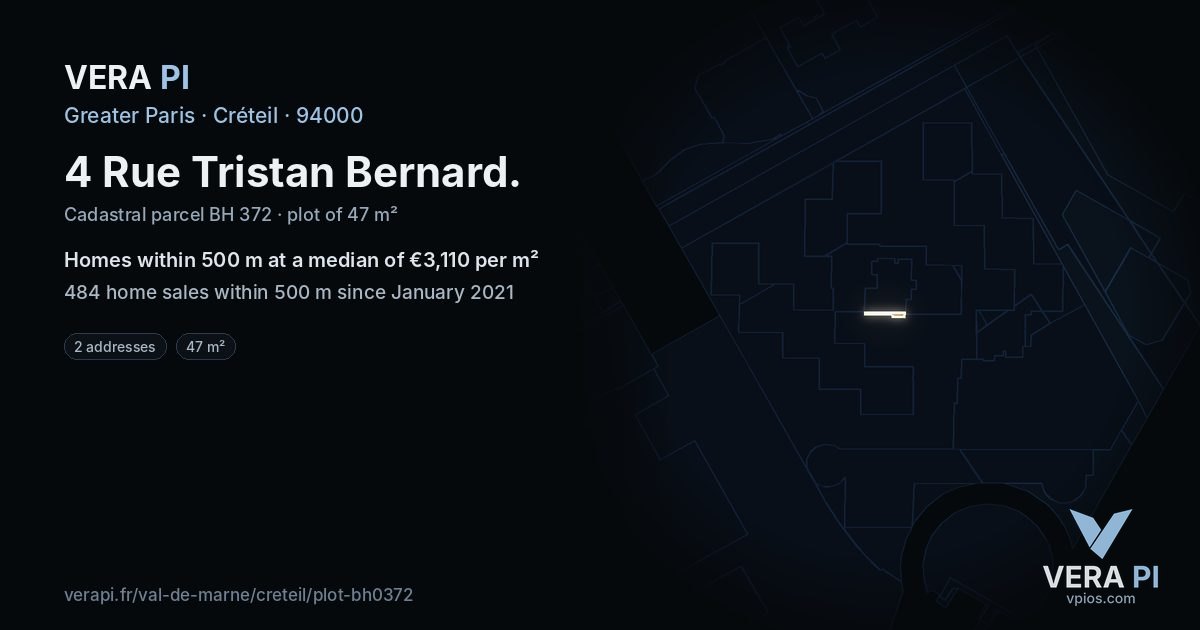 4 Rue Tristan Bernard, Créteil at night – the plot lit, the parcels around coloured by the prices near them