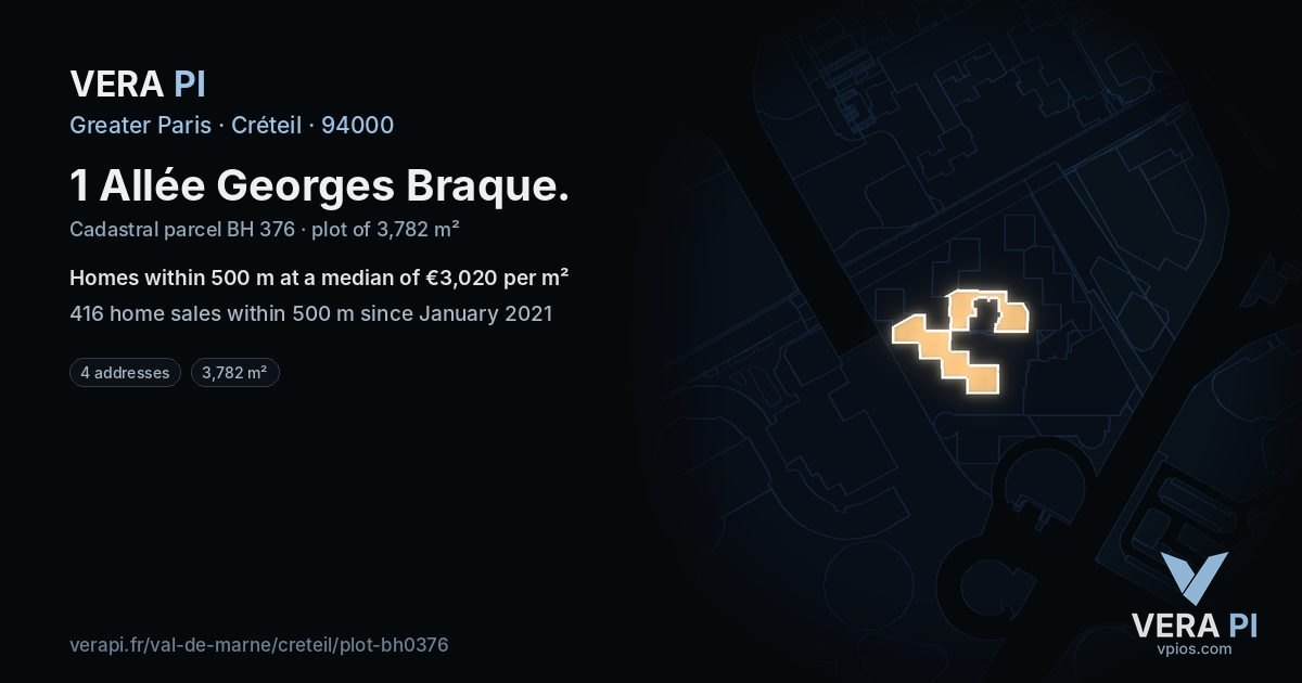 1 Allée Georges Braque, Créteil at night – the plot lit, the parcels around coloured by the prices near them