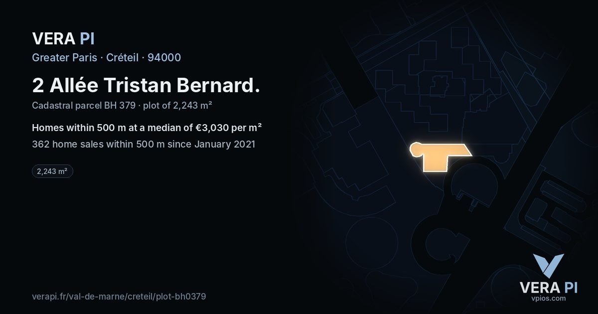 2 Allée Tristan Bernard, Créteil at night – the plot lit, the parcels around coloured by the prices near them