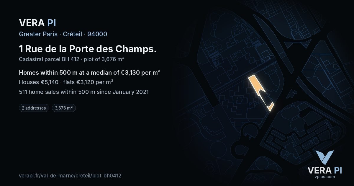 1 Rue de la Porte des Champs, Créteil at night – the plot lit, the parcels around coloured by the prices near them
