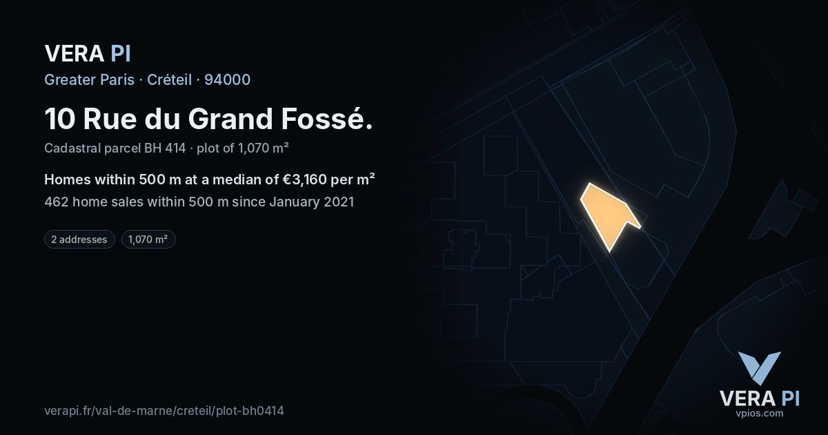 10 Rue du Grand Fossé, Créteil at night – the plot lit, the parcels around coloured by the prices near them