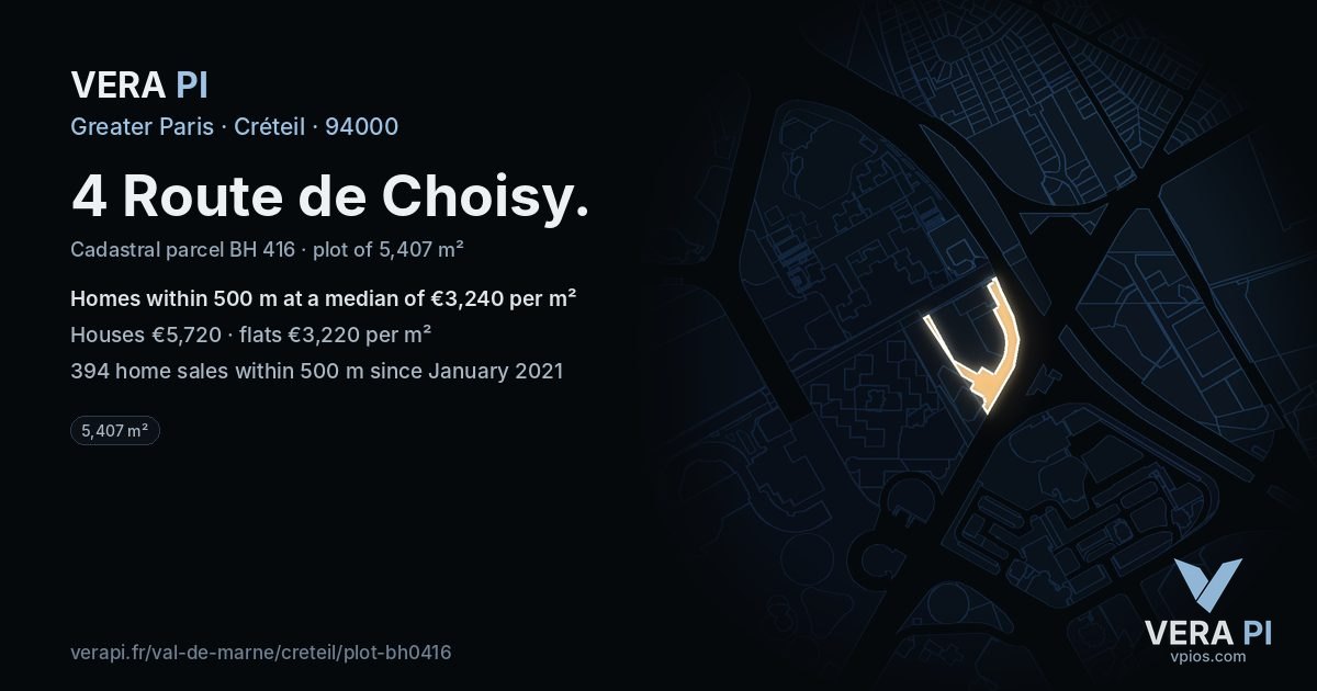 4 Route de Choisy, Créteil at night – the plot lit, the parcels around coloured by the prices near them