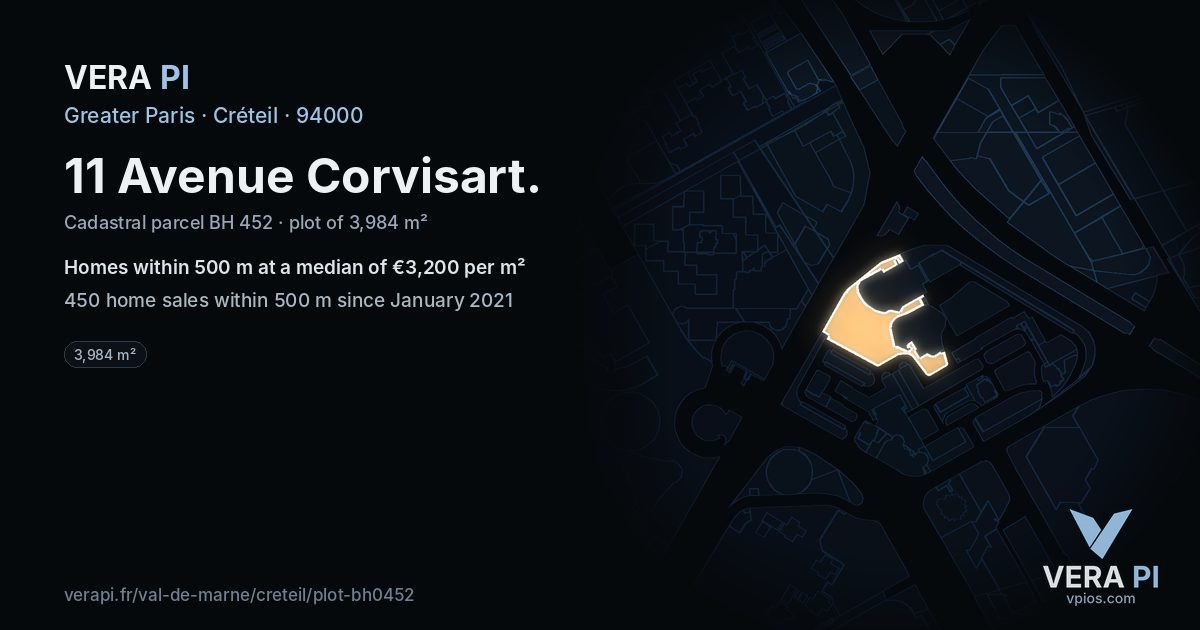 11 Avenue Corvisart, Créteil at night – the plot lit, the parcels around coloured by the prices near them