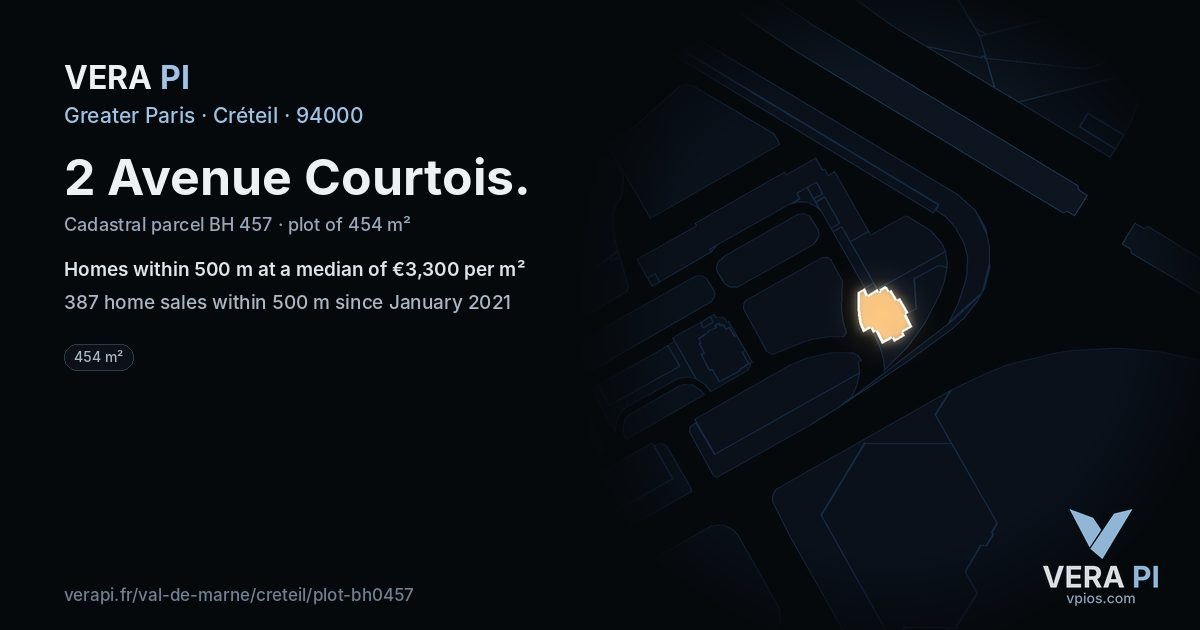2 Avenue Courtois, Créteil at night – the plot lit, the parcels around coloured by the prices near them