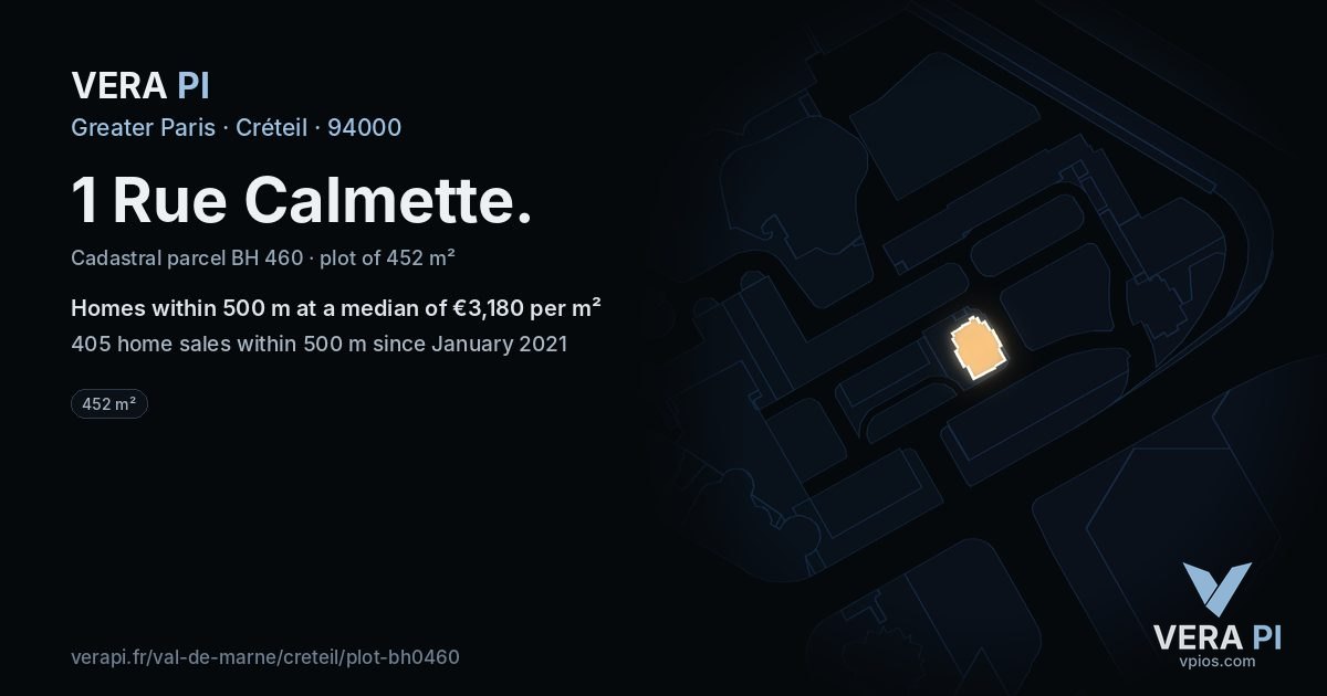 1 Rue Calmette, Créteil at night – the plot lit, the parcels around coloured by the prices near them