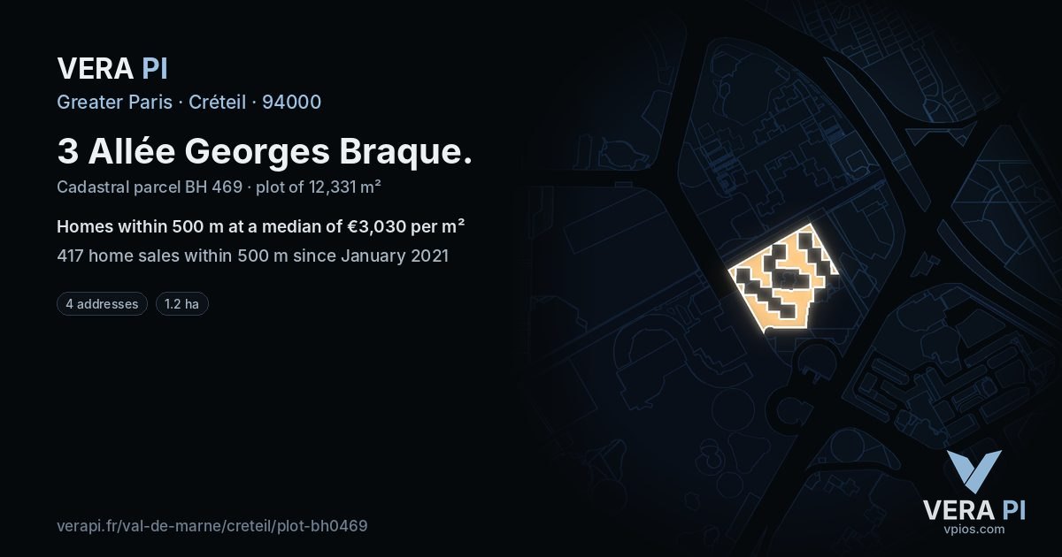 3 Allée Georges Braque, Créteil at night – the plot lit, the parcels around coloured by the prices near them