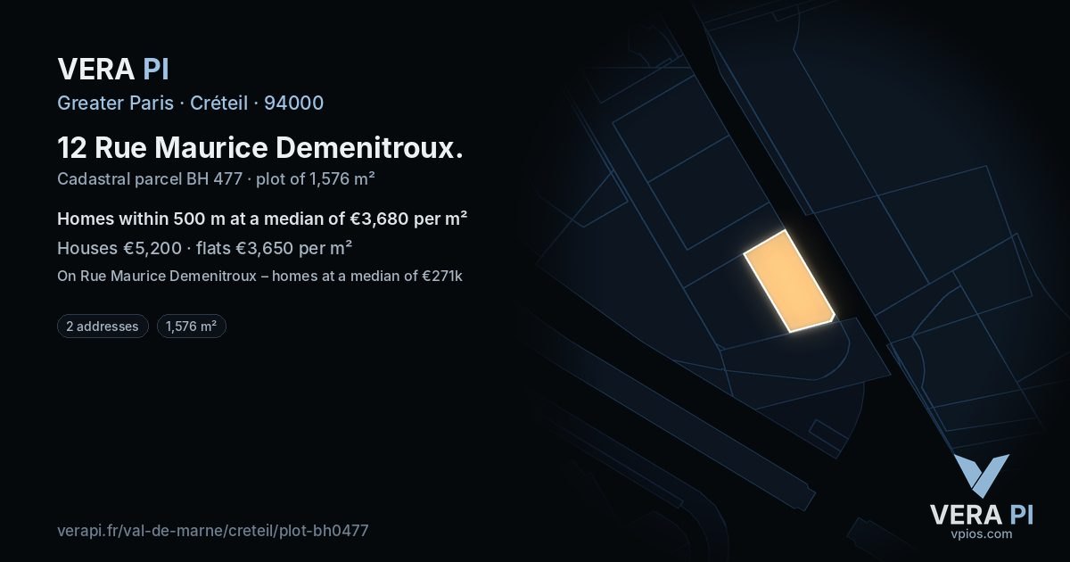 12 Rue Maurice Demenitroux, Créteil at night – the plot lit, the parcels around coloured by the prices near them