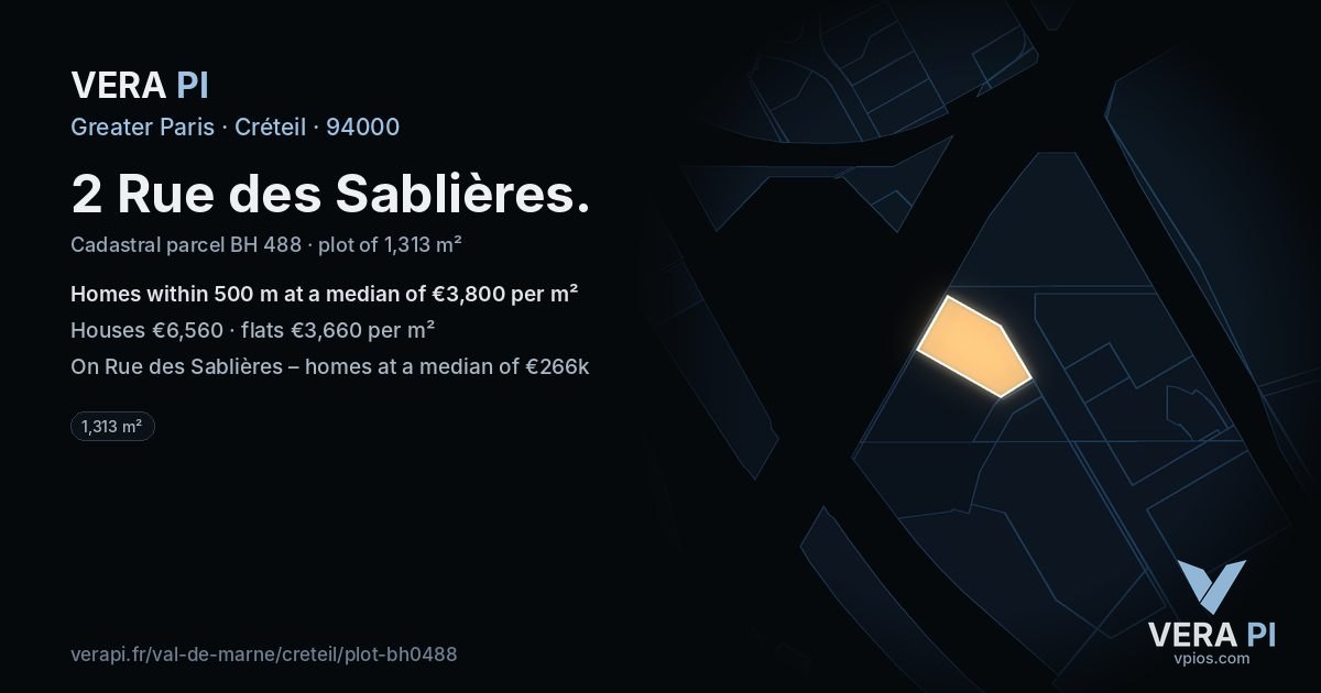 2 Rue des Sablières, Créteil at night – the plot lit, the parcels around coloured by the prices near them