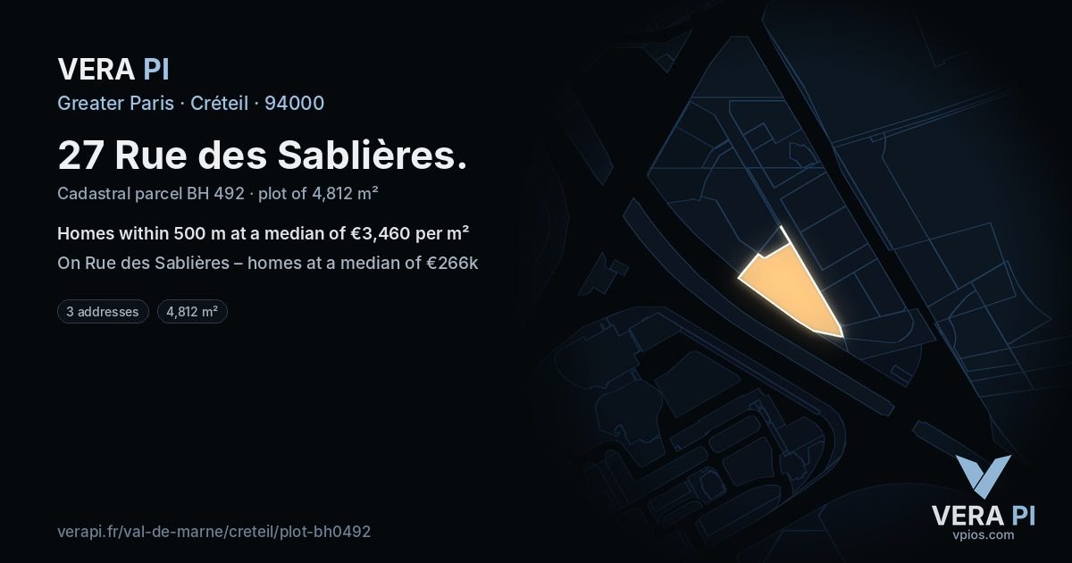 27 Rue des Sablières, Créteil at night – the plot lit, the parcels around coloured by the prices near them