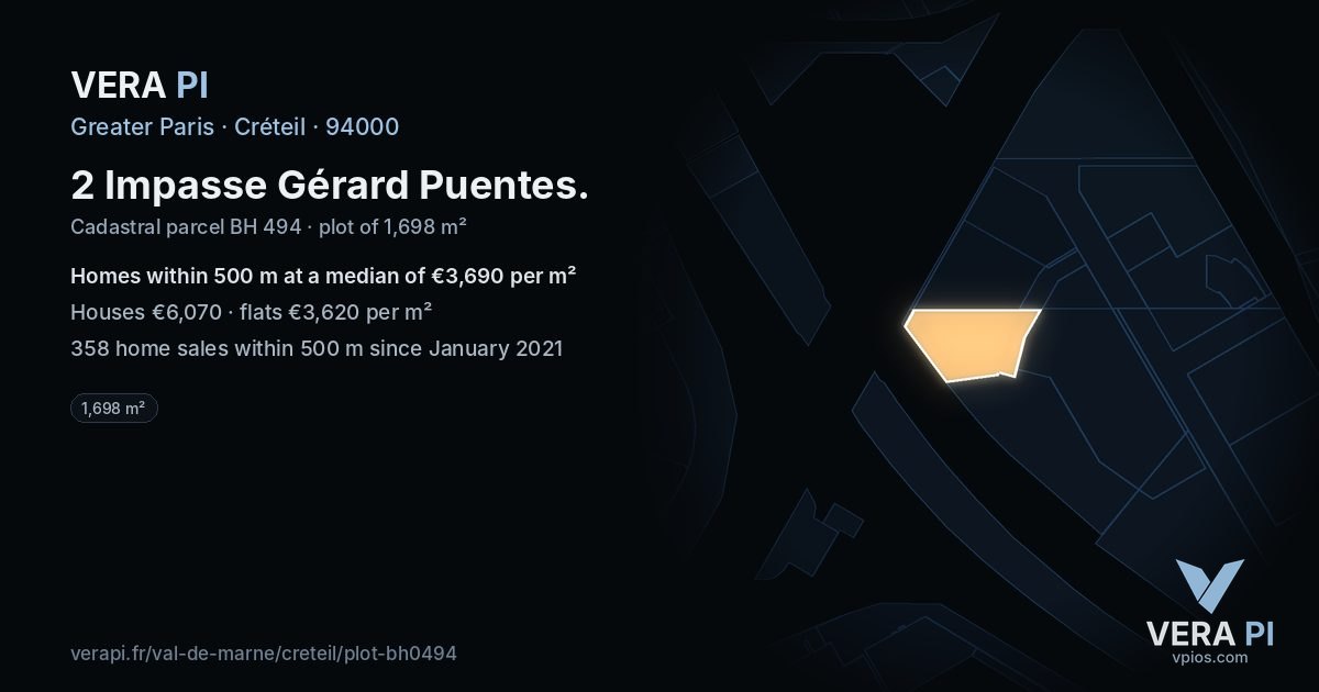 2 Impasse Gérard Puentes, Créteil at night – the plot lit, the parcels around coloured by the prices near them