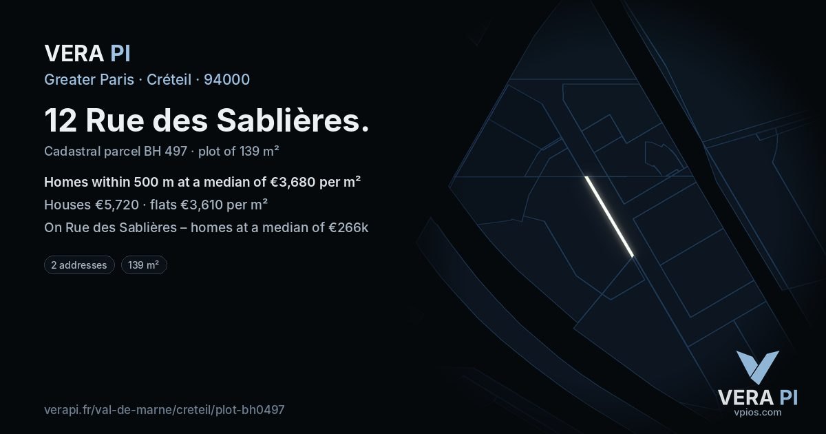 12 Rue des Sablières, Créteil at night – the plot lit, the parcels around coloured by the prices near them
