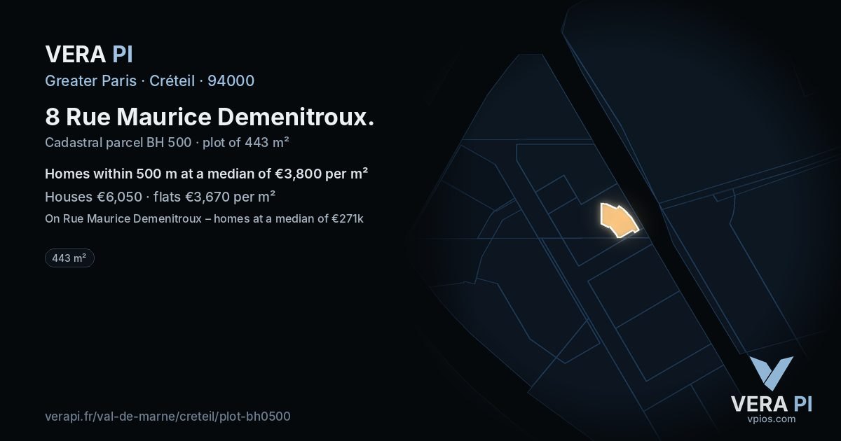 8 Rue Maurice Demenitroux, Créteil at night – the plot lit, the parcels around coloured by the prices near them
