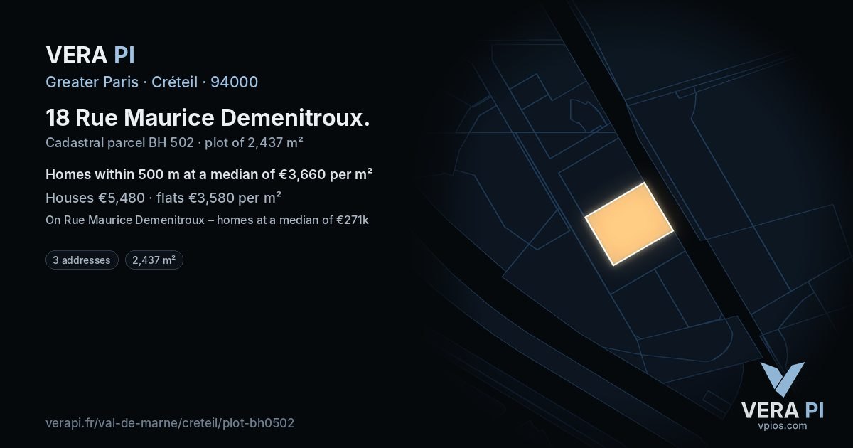 18 Rue Maurice Demenitroux, Créteil at night – the plot lit, the parcels around coloured by the prices near them