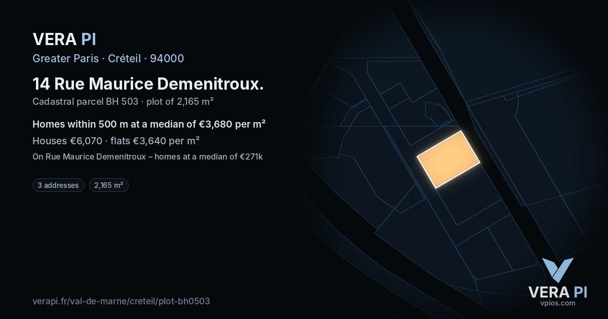 14 Rue Maurice Demenitroux, Créteil at night – the plot lit, the parcels around coloured by the prices near them