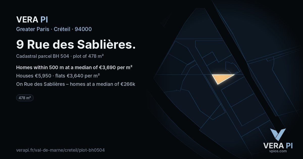 9 Rue des Sablières, Créteil at night – the plot lit, the parcels around coloured by the prices near them