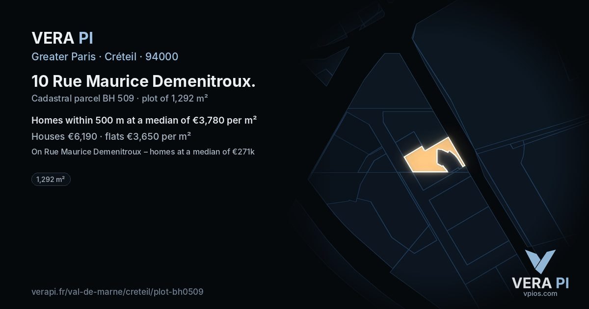 10 Rue Maurice Demenitroux, Créteil at night – the plot lit, the parcels around coloured by the prices near them