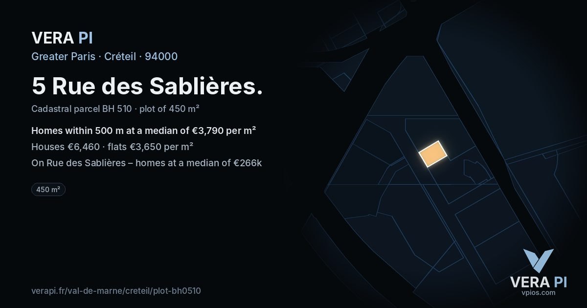 5 Rue des Sablières, Créteil at night – the plot lit, the parcels around coloured by the prices near them