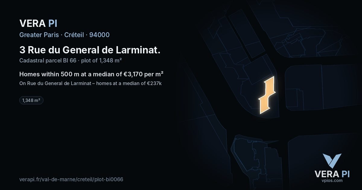 3 Rue du General de Larminat, Créteil at night – the plot lit, the parcels around coloured by the prices near them