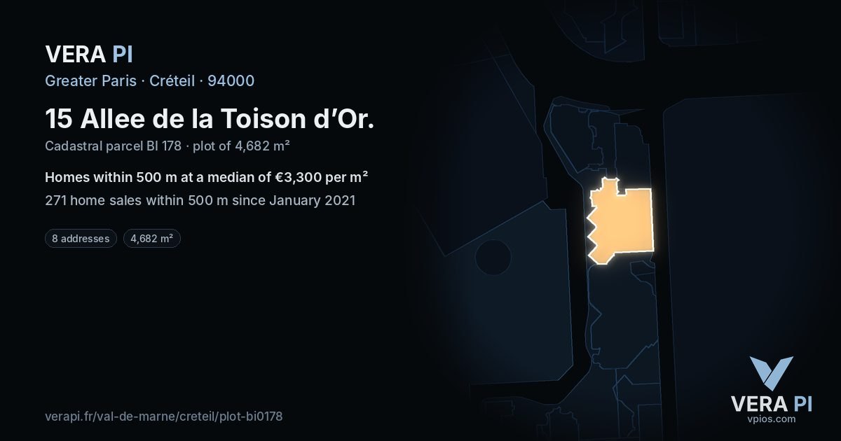 15 Allee de la Toison d’Or, Créteil at night – the plot lit, the parcels around coloured by the prices near them