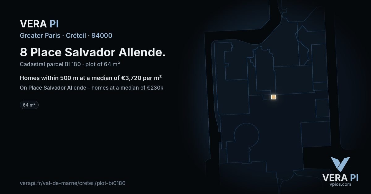 8 Place Salvador Allende, Créteil at night – the plot lit, the parcels around coloured by the prices near them