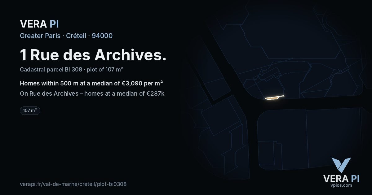 1 Rue des Archives, Créteil at night – the plot lit, the parcels around coloured by the prices near them