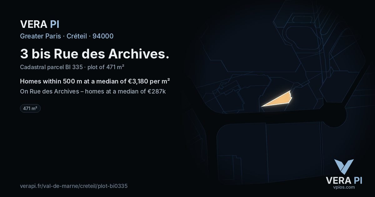 3 bis Rue des Archives, Créteil at night – the plot lit, the parcels around coloured by the prices near them