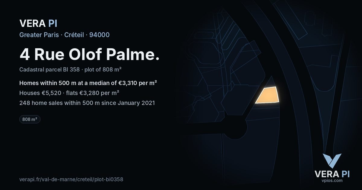4 Rue Olof Palme, Créteil at night – the plot lit, the parcels around coloured by the prices near them