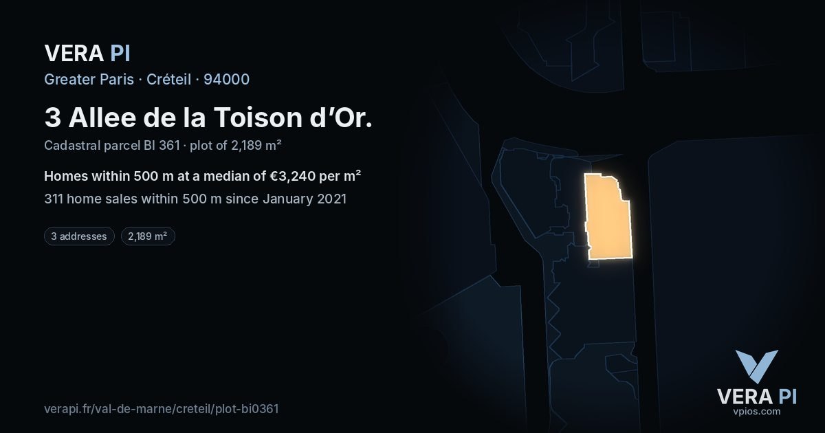 3 Allee de la Toison d’Or, Créteil at night – the plot lit, the parcels around coloured by the prices near them