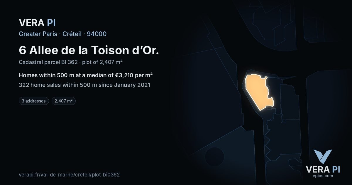 6 Allee de la Toison d’Or, Créteil at night – the plot lit, the parcels around coloured by the prices near them