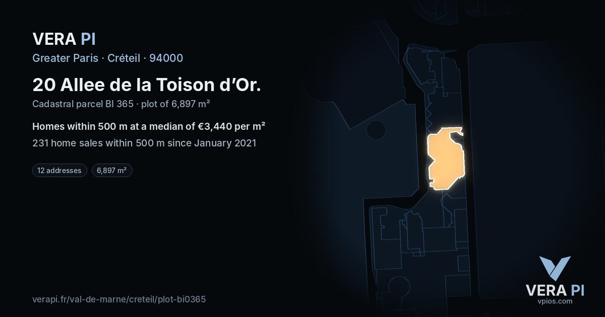20 Allee de la Toison d’Or, Créteil at night – the plot lit, the parcels around coloured by the prices near them