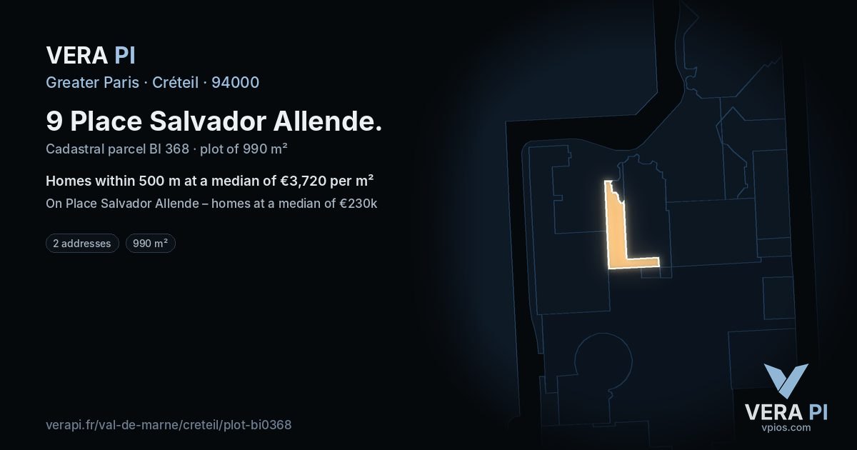 9 Place Salvador Allende, Créteil at night – the plot lit, the parcels around coloured by the prices near them