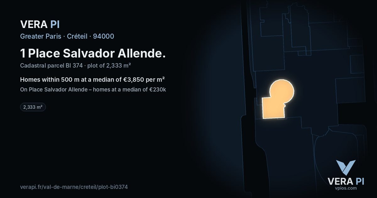 1 Place Salvador Allende, Créteil at night – the plot lit, the parcels around coloured by the prices near them