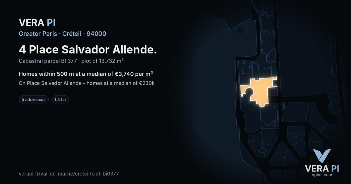 4 Place Salvador Allende, Créteil at night – the plot lit, the parcels around coloured by the prices near them