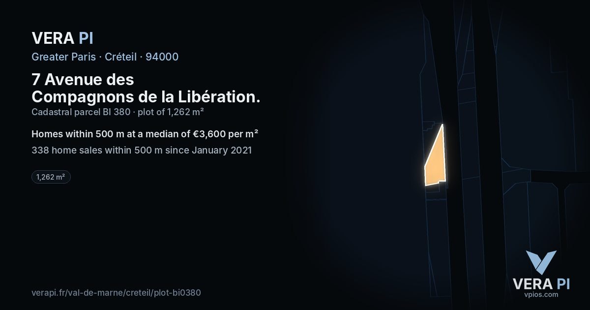 7 Avenue des Compagnons de la Libération, Créteil at night – the plot lit, the parcels around coloured by the prices near them