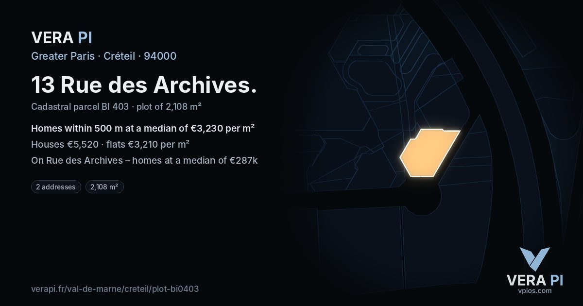 13 Rue des Archives, Créteil at night – the plot lit, the parcels around coloured by the prices near them