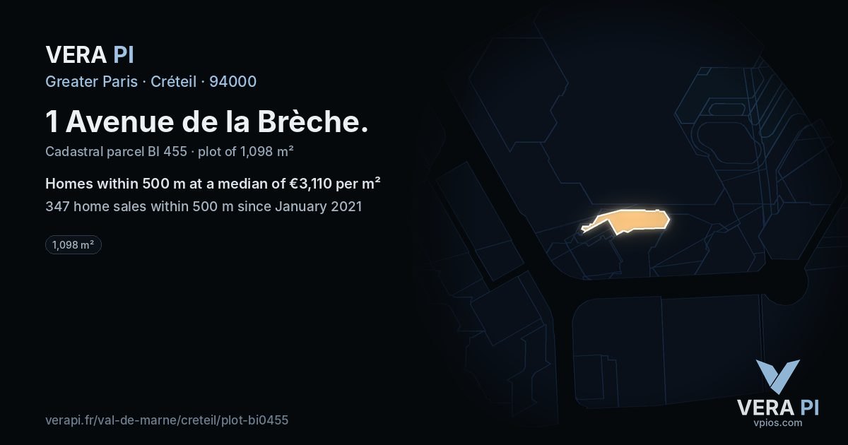 1 Avenue de la Brèche, Créteil at night – the plot lit, the parcels around coloured by the prices near them