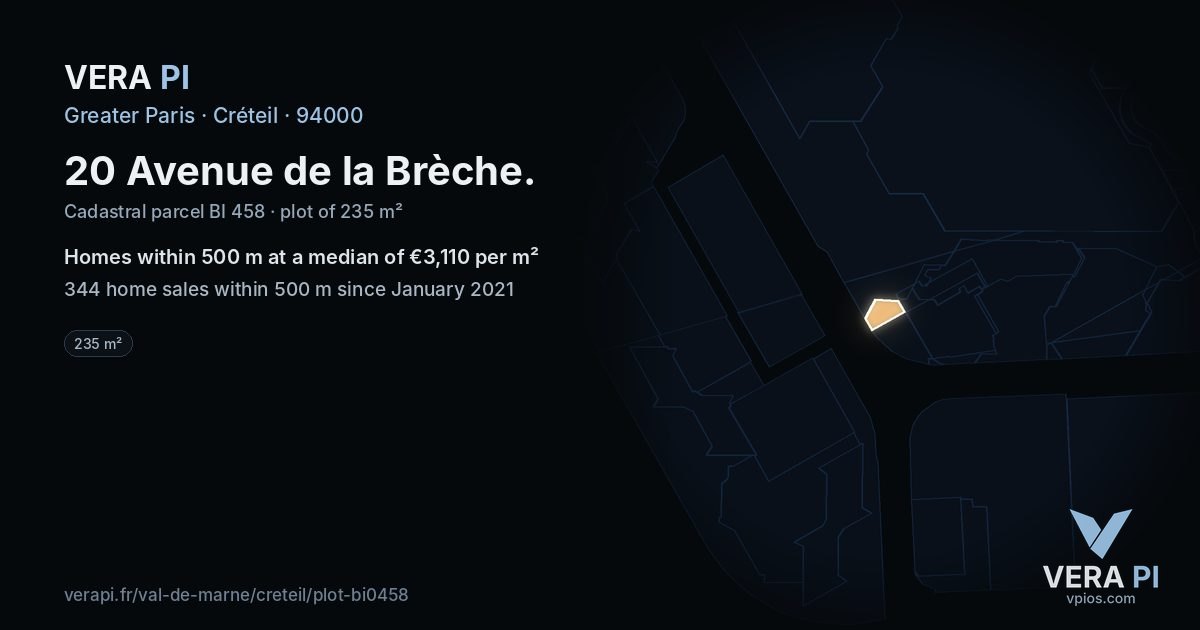 20 Avenue de la Brèche, Créteil at night – the plot lit, the parcels around coloured by the prices near them