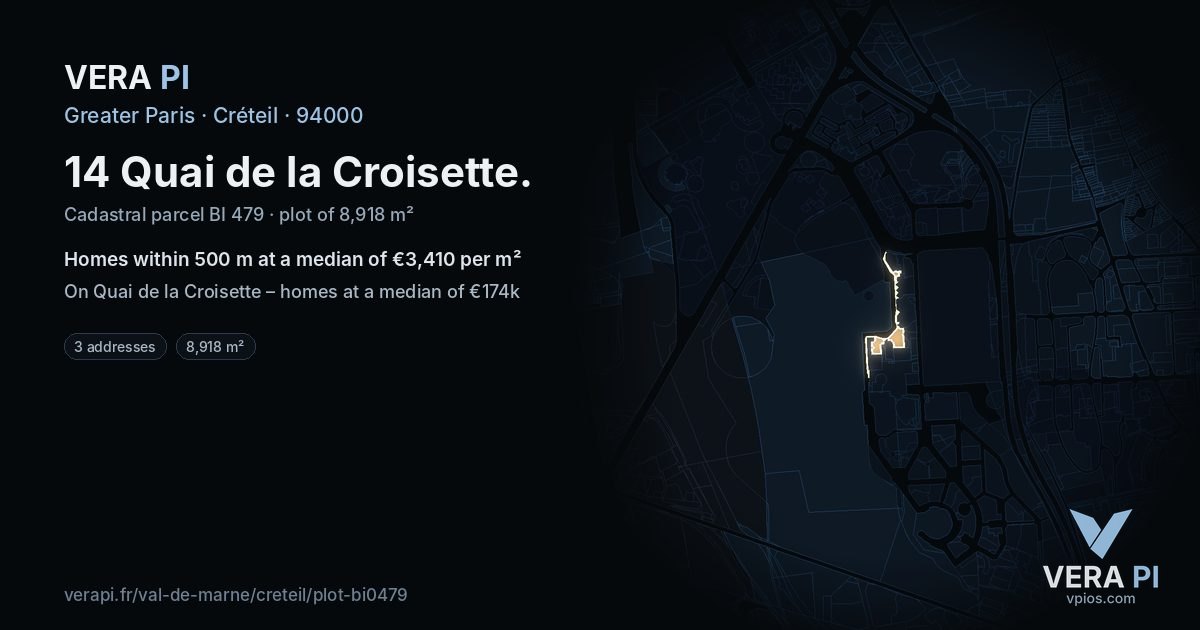 14 Quai de la Croisette, Créteil at night – the plot lit, the parcels around coloured by the prices near them