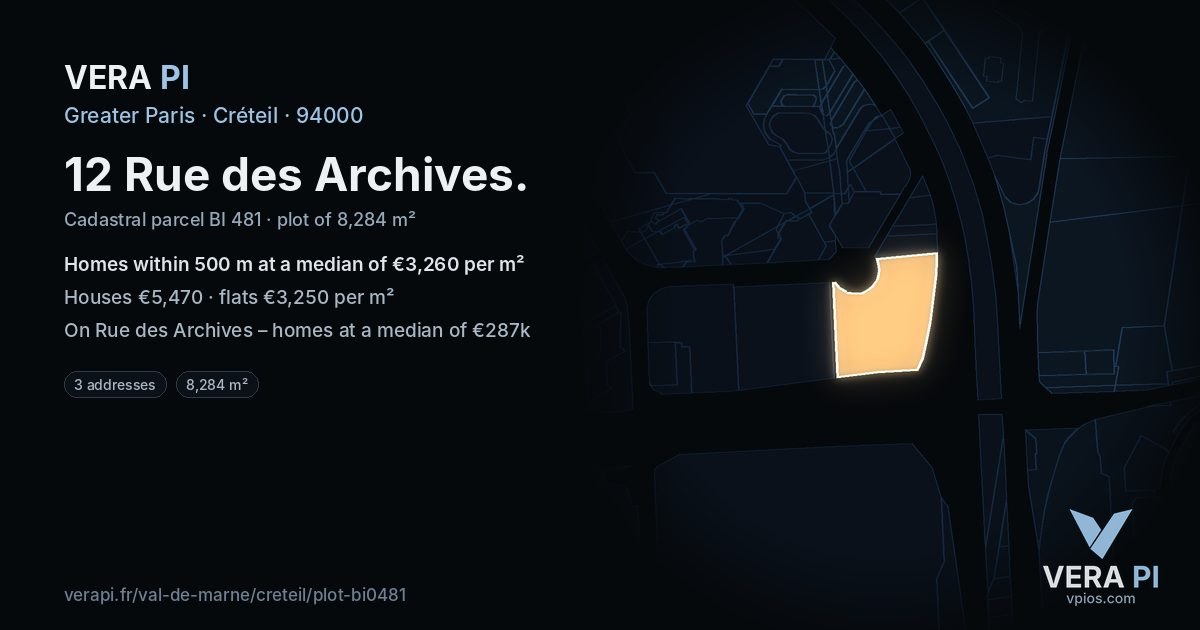 12 Rue des Archives, Créteil at night – the plot lit, the parcels around coloured by the prices near them