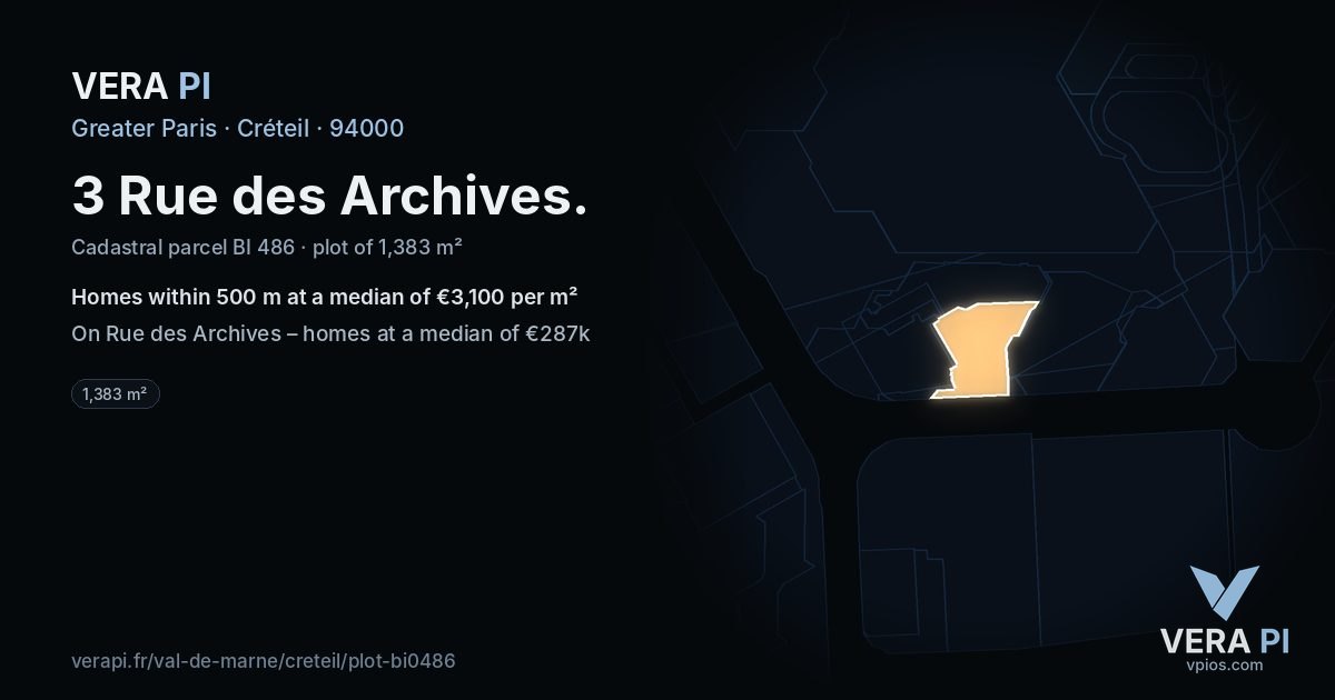 3 Rue des Archives, Créteil at night – the plot lit, the parcels around coloured by the prices near them