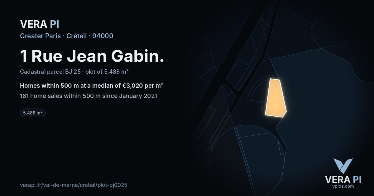 1 Rue Jean Gabin, Créteil at night – the plot lit, the parcels around coloured by the prices near them