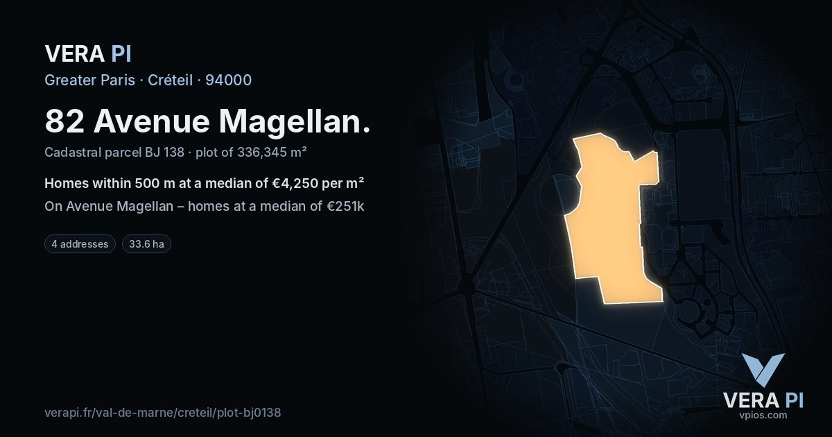 82 Avenue Magellan, Créteil at night – the plot lit, the parcels around coloured by the prices near them