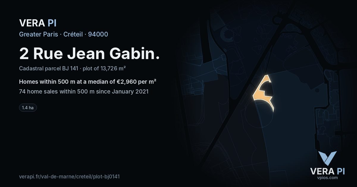 2 Rue Jean Gabin, Créteil at night – the plot lit, the parcels around coloured by the prices near them