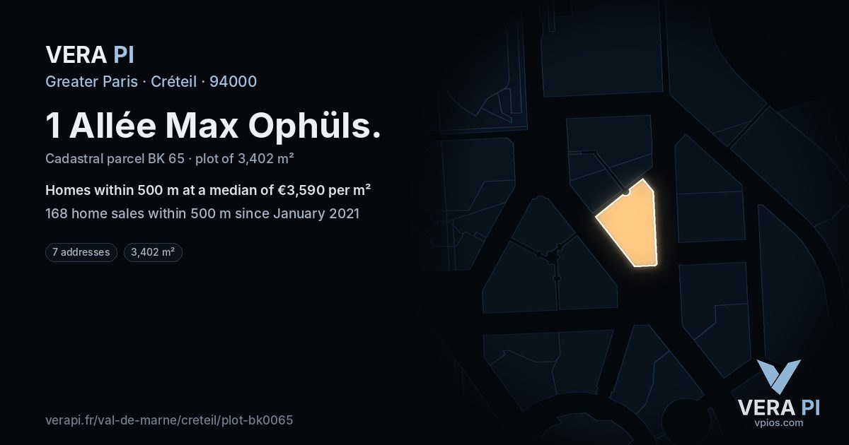 1 Allée Max Ophüls, Créteil at night – the plot lit, the parcels around coloured by the prices near them